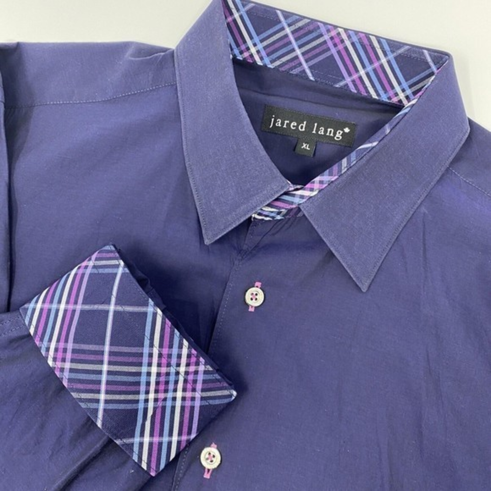 Jared Lang Button Up Shirt Extra Large Navy  Long Sleeve Plaid Flip Cuffs‎ XL